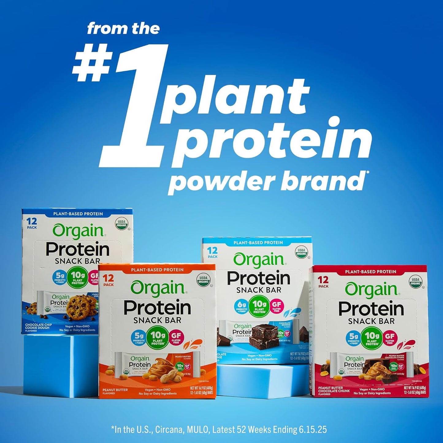 Orgain organic vegan protein bars, 10g plant based protein, peanut butter chocolate chunk, gluten free, non-gmo, 1.41 oz, pack of 12