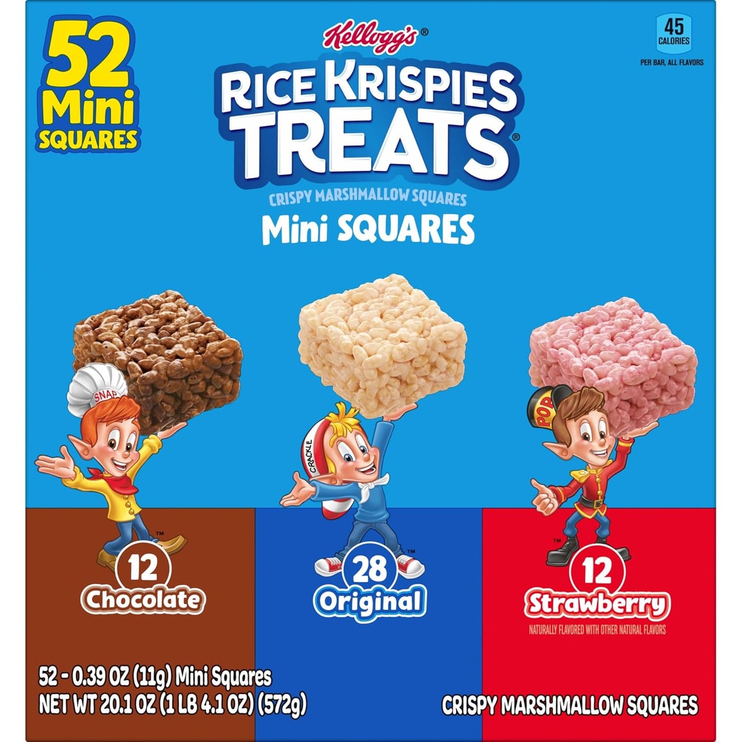 Kellogg's Rice Krispies Treats Mini Crispy Marshmallow Squares, Variety Pack, 20.1oz Box, 52 Bars, Chocolate, Original, Strawberry Flavors