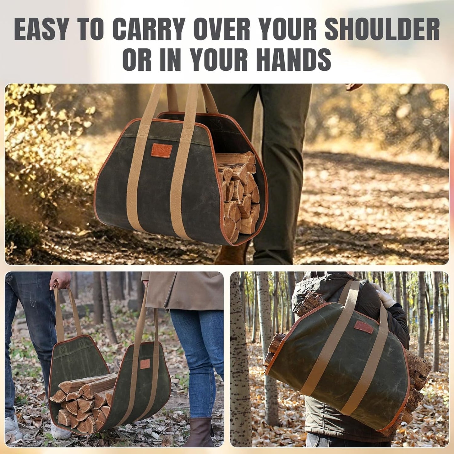 INNO STAGE Firewood Carrier Firewood Bag Heavy Duty Waxed Canvas Log Carrier Tote for Firewood, Large Fire Wood Sling Carrier with Handles for Easy Transport Carrying and Wood Stove Accessories