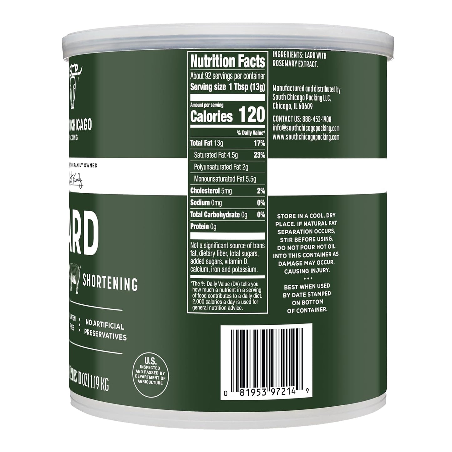 South Chicago Packing Traditonal LARD Shortening, 42 Ounces, Specialty Baking Shortening and Cooking Fat