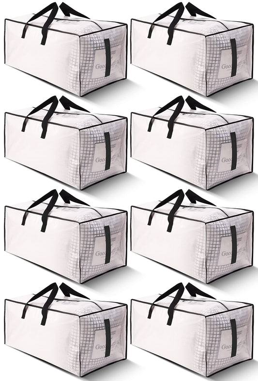 8 Pack Large Strong Moving Bags with Zippers & Carrying Handles - Water-Resistant - Heavy Duty Storage Tote for Space Saving, Fold Flat, Alternative to Moving Box (Semi-Transparent)