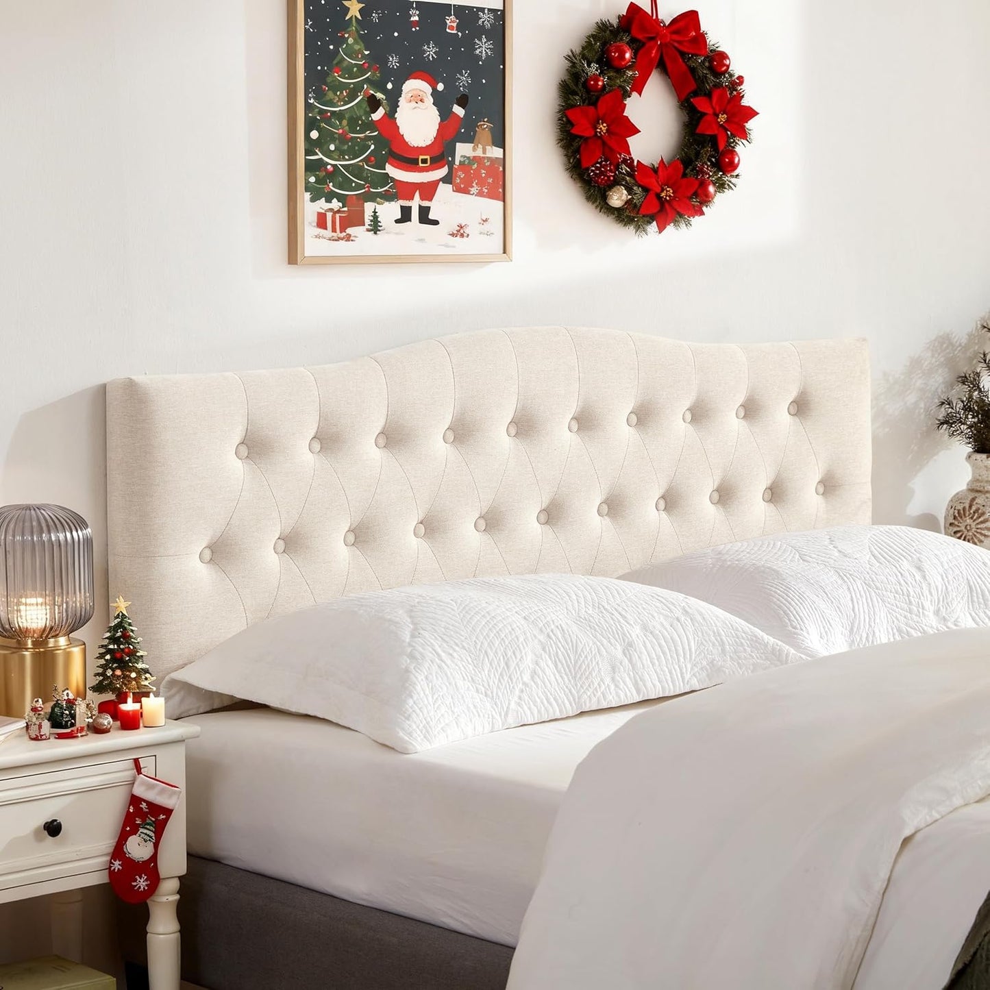 Tufted Upholstered Headboard Queen Size, Sturdy and Durable Solid Wood Bed headboard, Fabric Headboard Adjustable Height from 37” to 51”, Modern Button Diamond Design Head Board, Beige