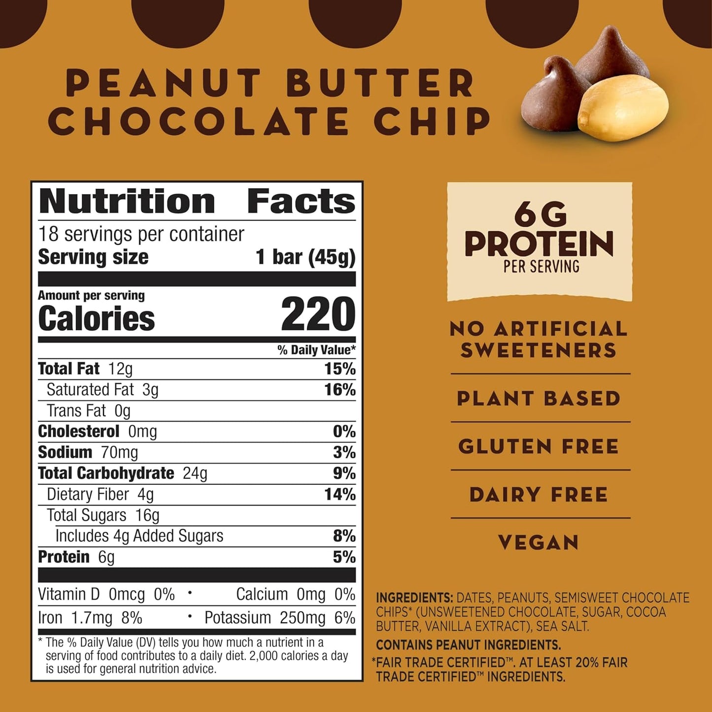 larabar peanut butter chocolate chip bars, 28.8 oz, 18 ct, gluten free, vegan