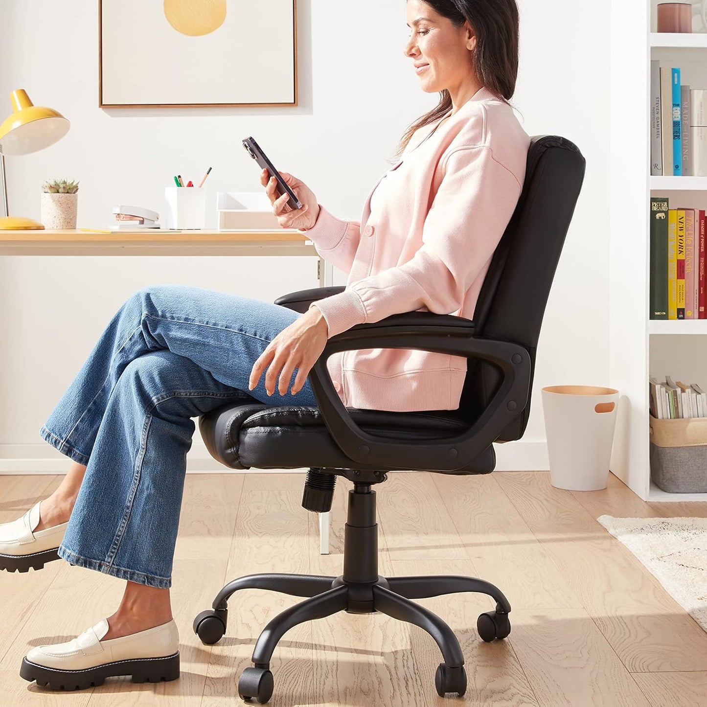 Puresoft PU Padded Mid-Back Height Adjustable Office Computer Desk Chair with Armrest, 26"D x 23.75"W x 42"H, Black
