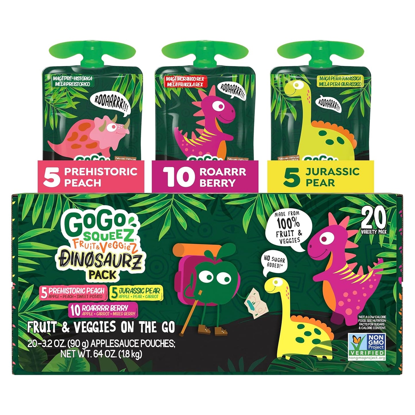 gogo squeeZ fruit & veggieZ applesauce and puree variety pack, 20 count, 3.2 oz, unsweetened snacks for kids, bpa free pouches