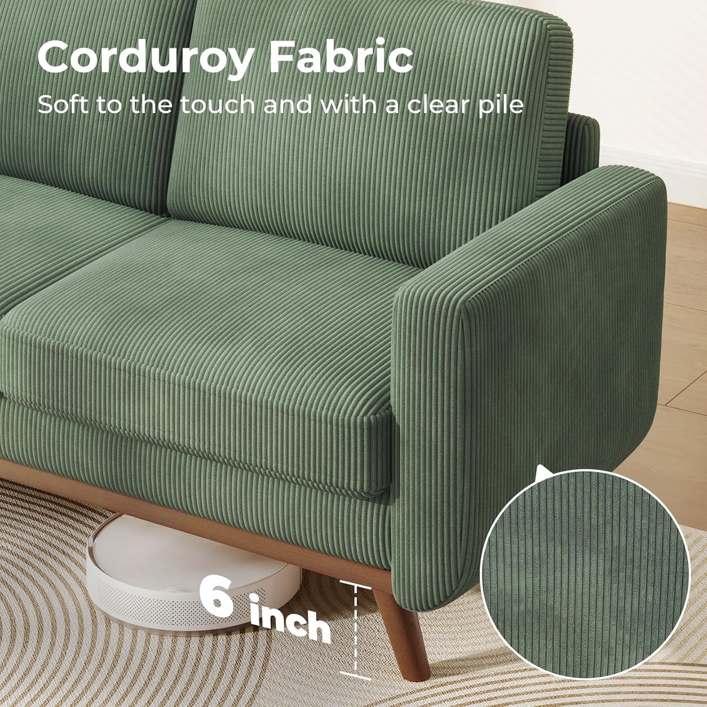 Vesgantti 68" Loveseat Sofa - Green, Comfy Corduroy with Spring Cushion, Solid Wood Frame, Modern Deep Seat, Bedroom & Living Room, Office Couch