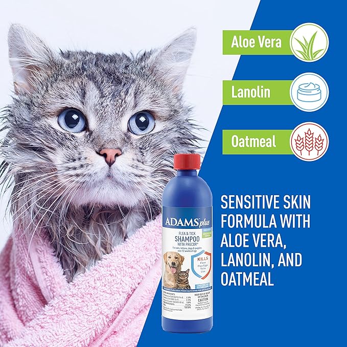 Plus Flea & Tick Shampoo with Precor for Cats, Kittens, Dogs & Puppies Over 12 Weeks Of Age Sensitive Skin Flea Treatment | Kills Adult Fleas, Flea Eggs, Ticks, and Lice| 12 Ounces